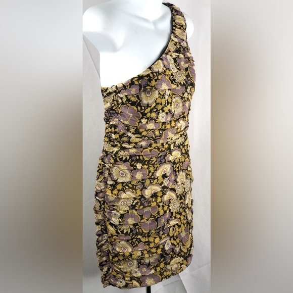 NWT Zara Mini Gauzy Dress Gold Floral Layered One Shoulder Ruched Boho Hippie​ - Picture 3 of 5